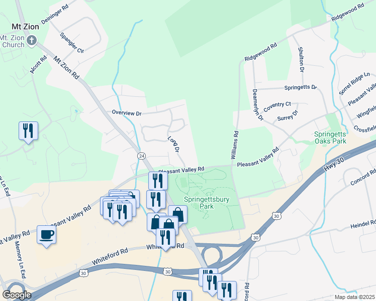 map of restaurants, bars, coffee shops, grocery stores, and more near 1723 Long Drive in York