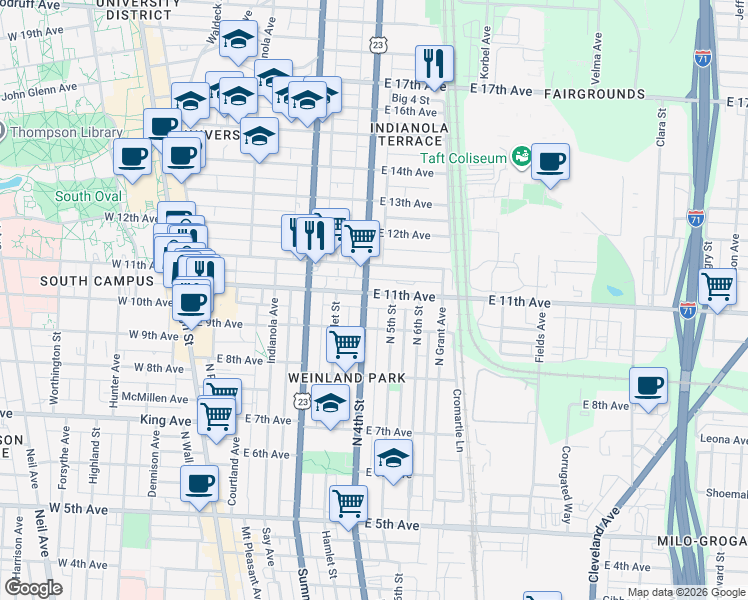 map of restaurants, bars, coffee shops, grocery stores, and more near 330 East 11th Avenue in Columbus