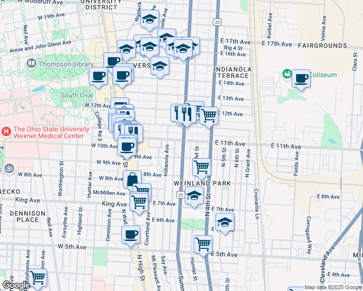 map of restaurants, bars, coffee shops, grocery stores, and more near 218 East 11th Avenue in Columbus