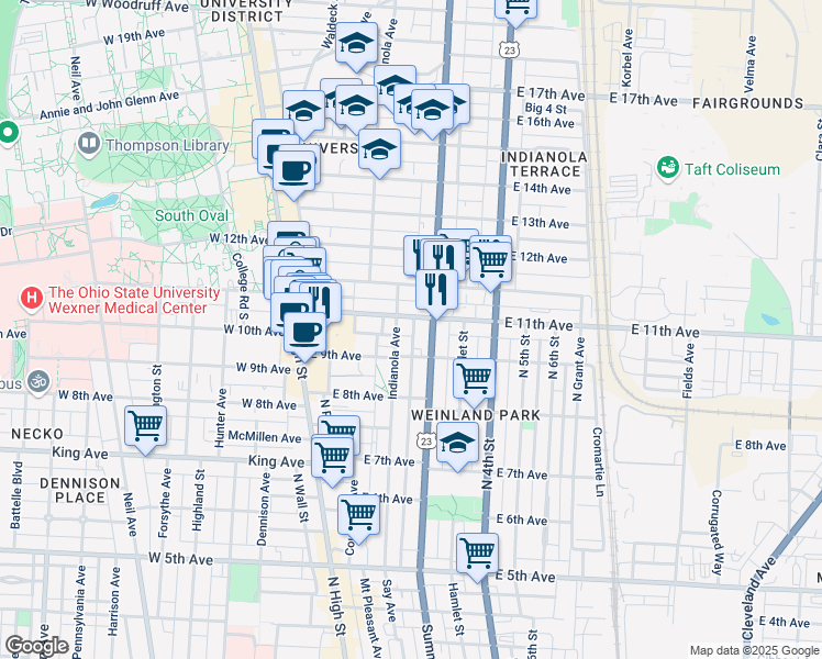 map of restaurants, bars, coffee shops, grocery stores, and more near in Columbus