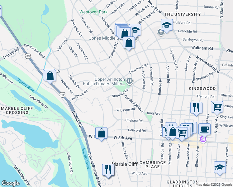 map of restaurants, bars, coffee shops, grocery stores, and more near in Upper Arlington