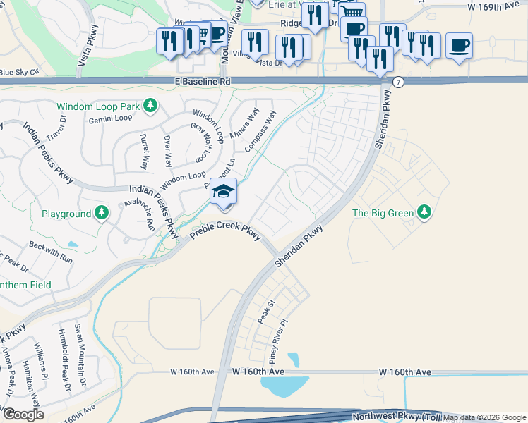 map of restaurants, bars, coffee shops, grocery stores, and more near 16465 Alcott Place in Broomfield