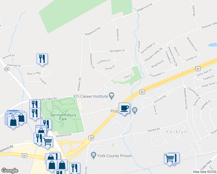 map of restaurants, bars, coffee shops, grocery stores, and more near 3550 Pleasant Valley Road in York
