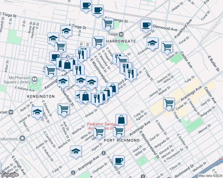 map of restaurants, bars, coffee shops, grocery stores, and more near Frankford Ave & E Westmoreland St in Philadelphia
