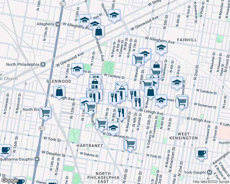 map of restaurants, bars, coffee shops, grocery stores, and more near 808 West Somerset Street in Philadelphia