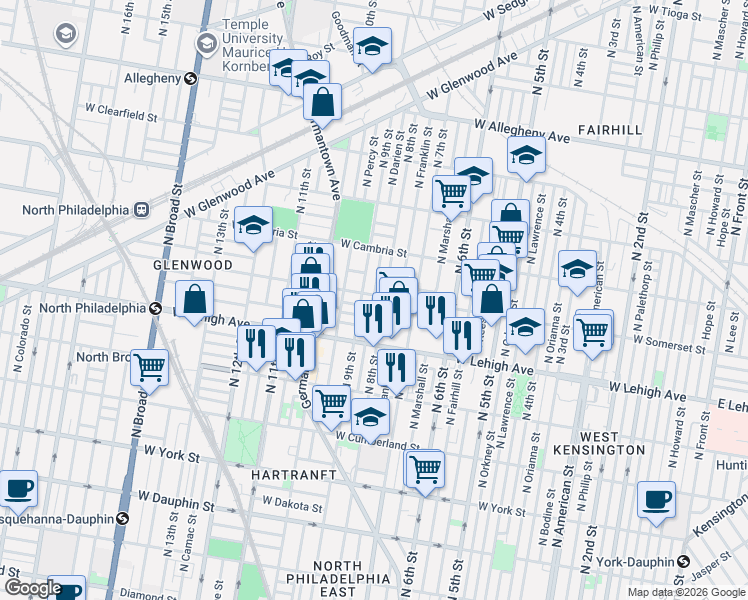 map of restaurants, bars, coffee shops, grocery stores, and more near 2801 North 9th Street in Philadelphia