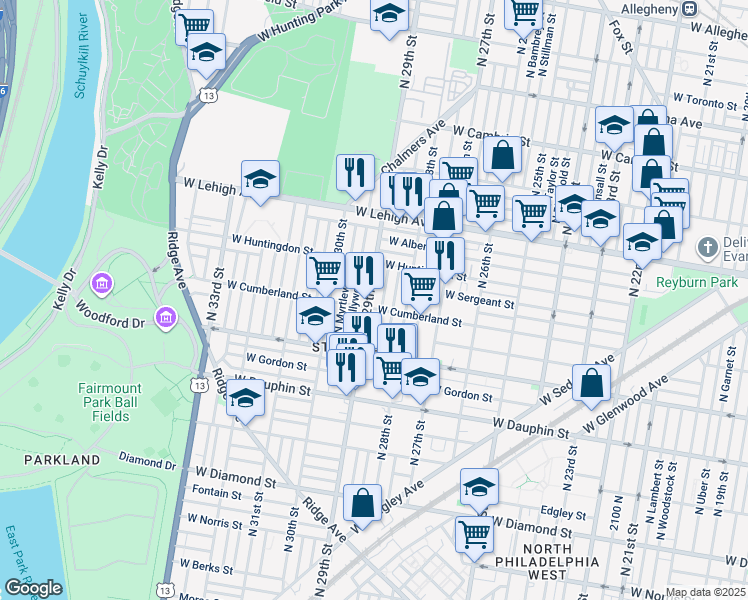 map of restaurants, bars, coffee shops, grocery stores, and more near 2509 North 29th Street in Philadelphia