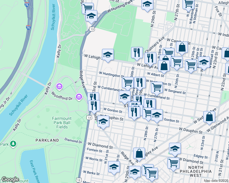 map of restaurants, bars, coffee shops, grocery stores, and more near 2463 North Napa Street in Philadelphia