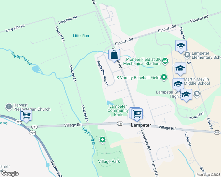 map of restaurants, bars, coffee shops, grocery stores, and more near 45 Apple Blossom Drive in Lancaster