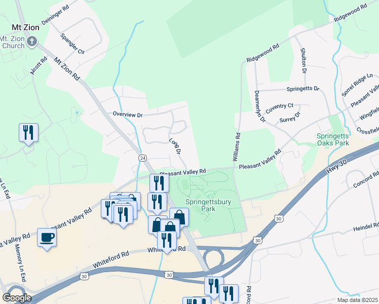 map of restaurants, bars, coffee shops, grocery stores, and more near 1709 Long Drive in York