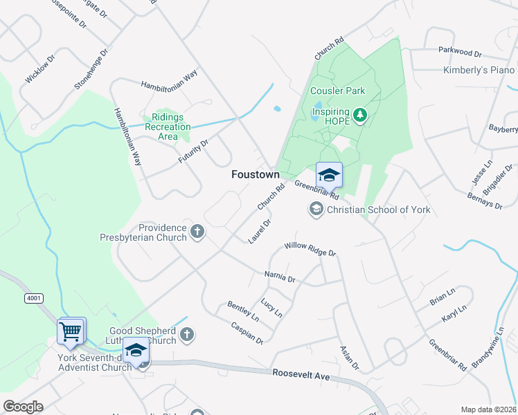 map of restaurants, bars, coffee shops, grocery stores, and more near 1114 Laurel Drive in York