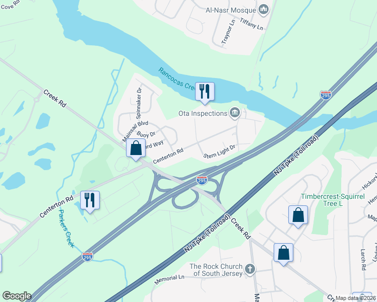 map of restaurants, bars, coffee shops, grocery stores, and more near 95 Stern Light Drive in Mount Laurel Township