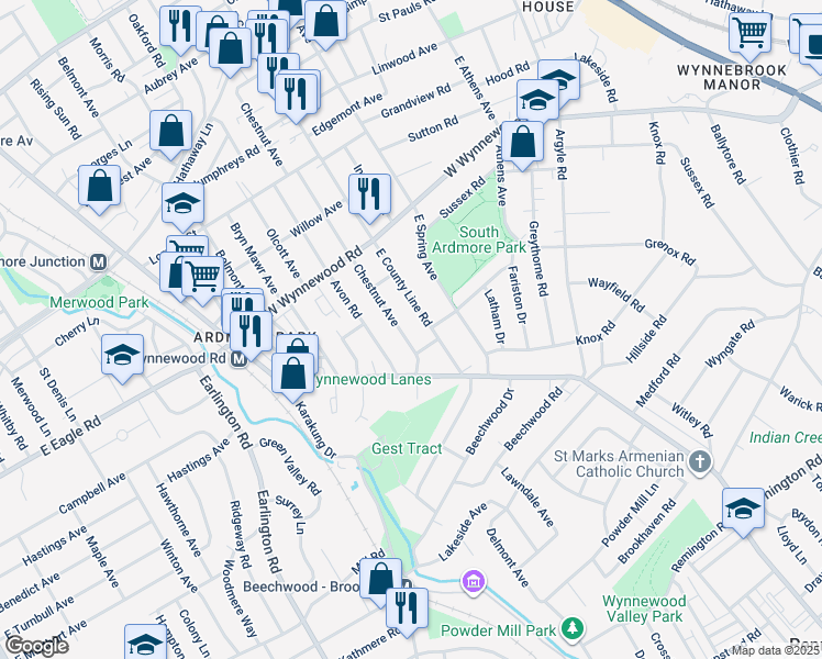 map of restaurants, bars, coffee shops, grocery stores, and more near 2121 Chestnut Avenue in Ardmore
