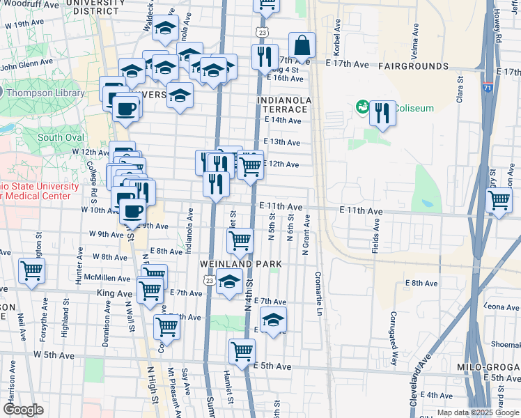 map of restaurants, bars, coffee shops, grocery stores, and more near 354 East 11th Avenue in Columbus