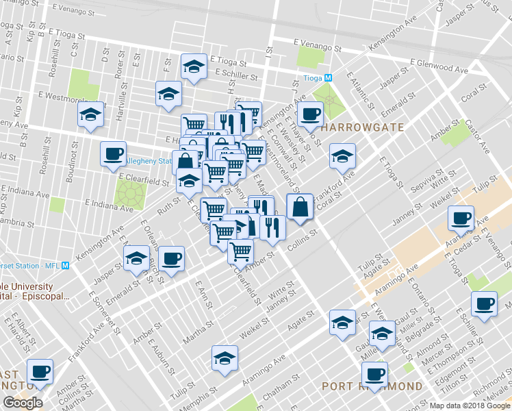 map of restaurants, bars, coffee shops, grocery stores, and more near 2003 East Allegheny Avenue in Philadelphia