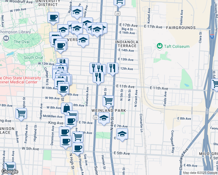 map of restaurants, bars, coffee shops, grocery stores, and more near 268 East 11th Avenue in Columbus