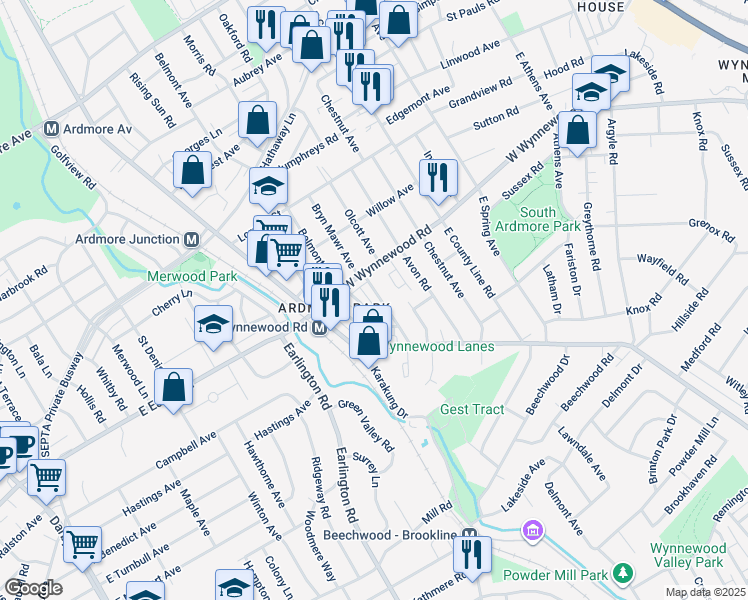 map of restaurants, bars, coffee shops, grocery stores, and more near 2304 Bryn Mawr Avenue in Ardmore