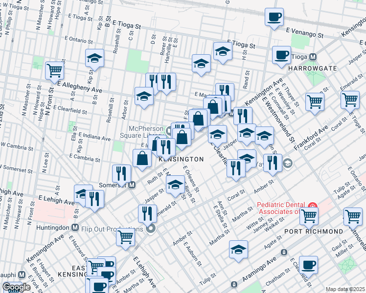 map of restaurants, bars, coffee shops, grocery stores, and more near 3000 Kensington Avenue in Philadelphia