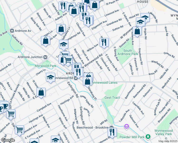 map of restaurants, bars, coffee shops, grocery stores, and more near 2304 Bryn Mawr Avenue in Ardmore