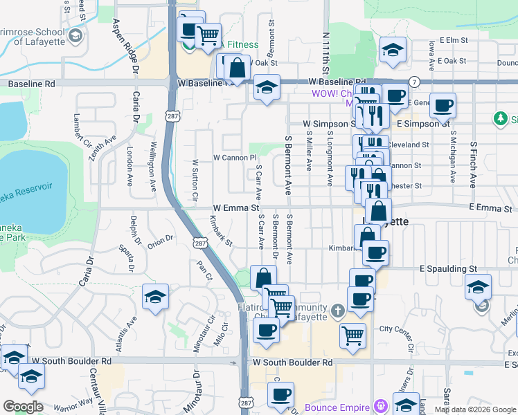 map of restaurants, bars, coffee shops, grocery stores, and more near W Emma St & S Carr Ave in Lafayette