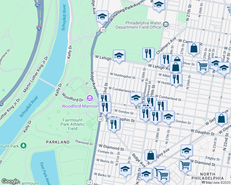 map of restaurants, bars, coffee shops, grocery stores, and more near 2450 North 32nd Street in Philadelphia