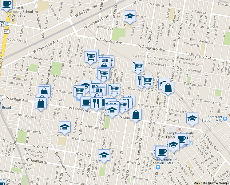 map of restaurants, bars, coffee shops, grocery stores, and more near 2834 North 4th Street in Philadelphia
