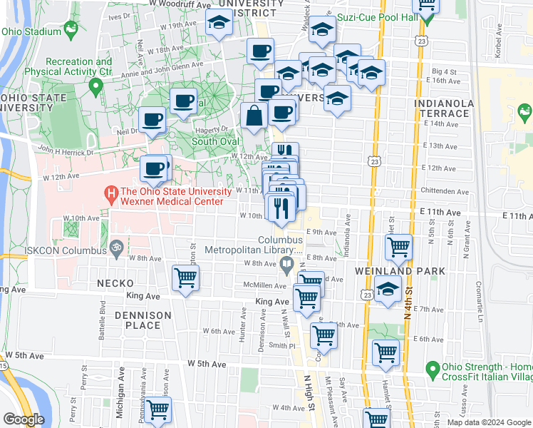 map of restaurants, bars, coffee shops, grocery stores, and more near 32 West 10th Avenue in Columbus