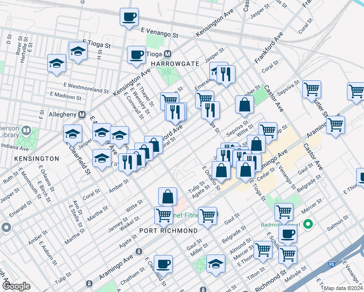 map of restaurants, bars, coffee shops, grocery stores, and more near 3368 Collins Street in Philadelphia