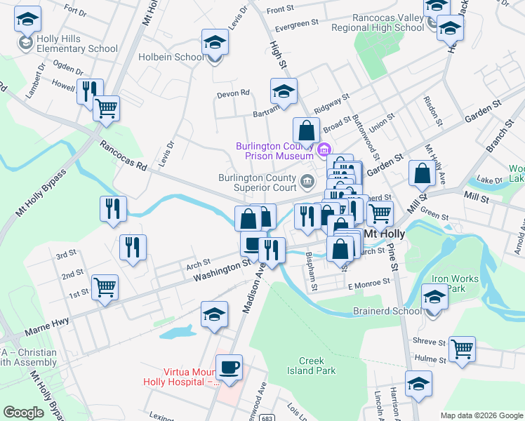 map of restaurants, bars, coffee shops, grocery stores, and more near 101 Rancocas Road in Mount Holly