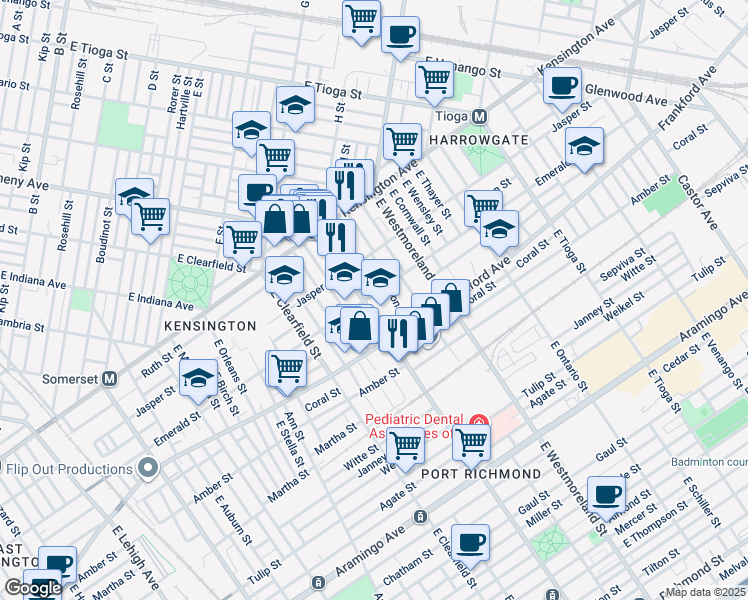 map of restaurants, bars, coffee shops, grocery stores, and more near 2003 East Allegheny Avenue in Philadelphia