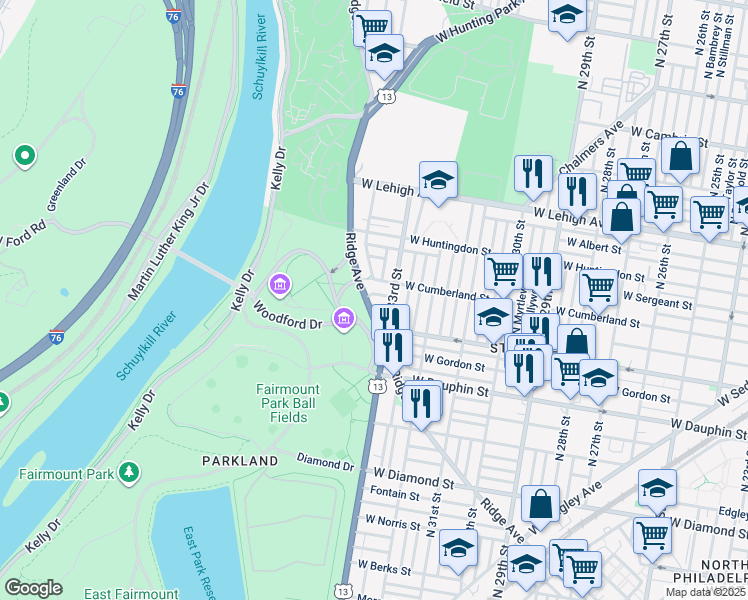 map of restaurants, bars, coffee shops, grocery stores, and more near 3345 Ridge Avenue in Philadelphia