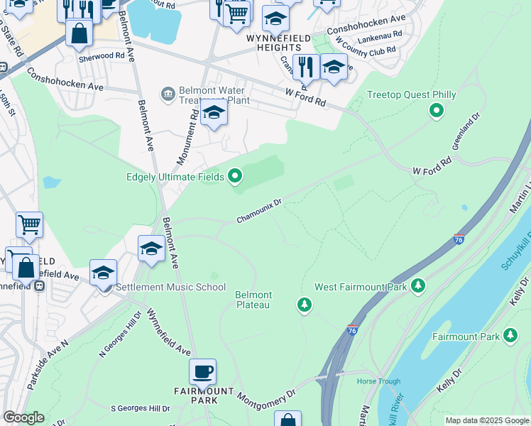 map of restaurants, bars, coffee shops, grocery stores, and more near 4100 Chamounix Dr in Philadelphia