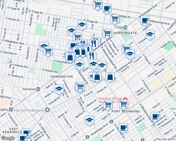 map of restaurants, bars, coffee shops, grocery stores, and more near 1913 East Lippincott Street in Philadelphia
