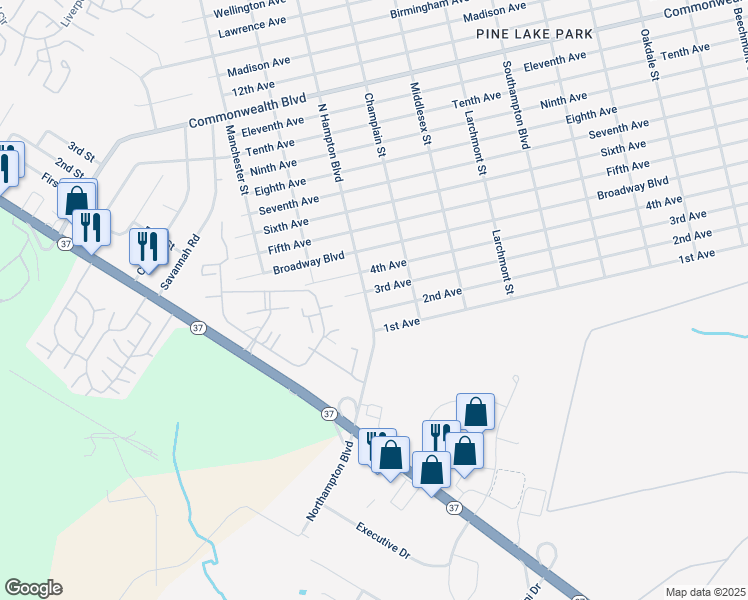 map of restaurants, bars, coffee shops, grocery stores, and more near 204 Northampton Boulevard in Toms River