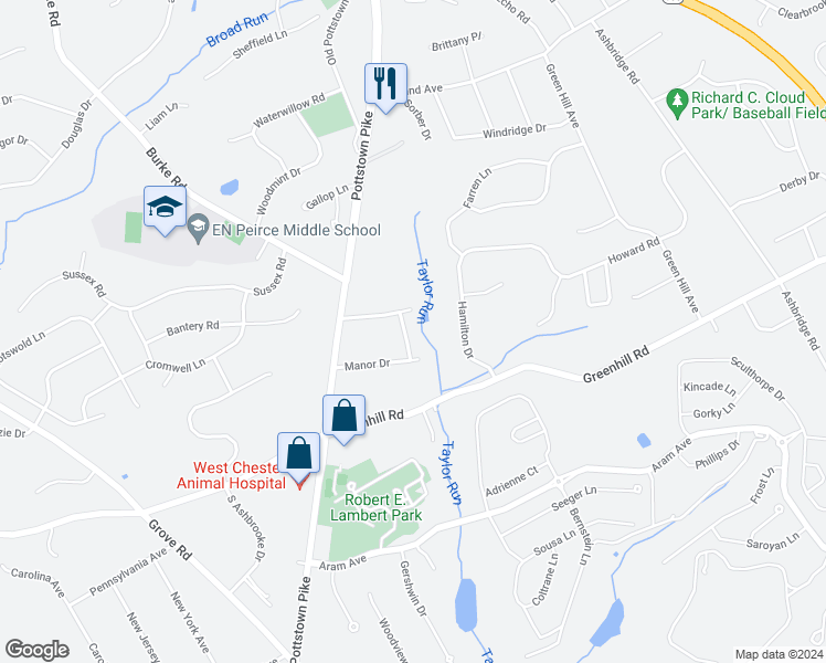 map of restaurants, bars, coffee shops, grocery stores, and more near 1223 Dogwood Drive in West Chester