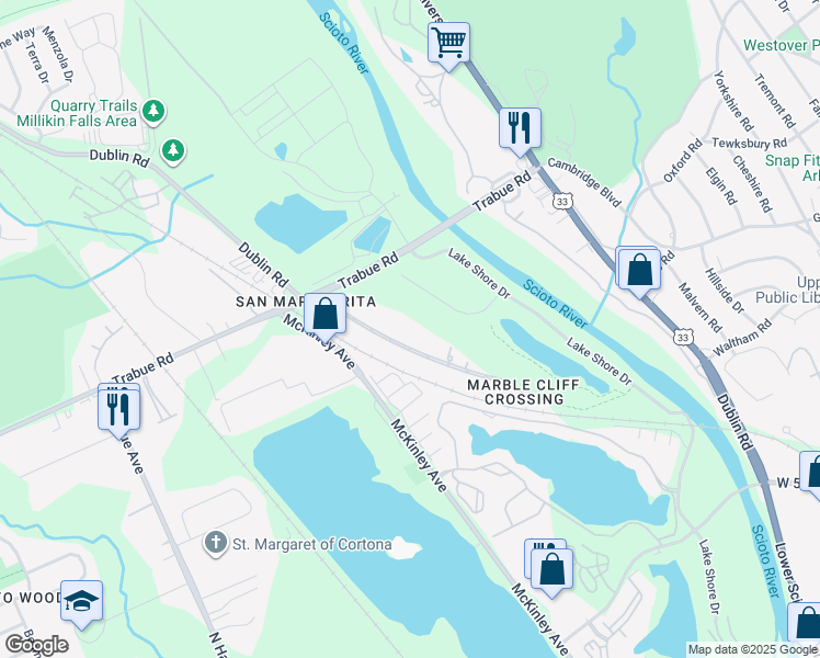 map of restaurants, bars, coffee shops, grocery stores, and more near 2644 Marblevista Boulevard in Columbus