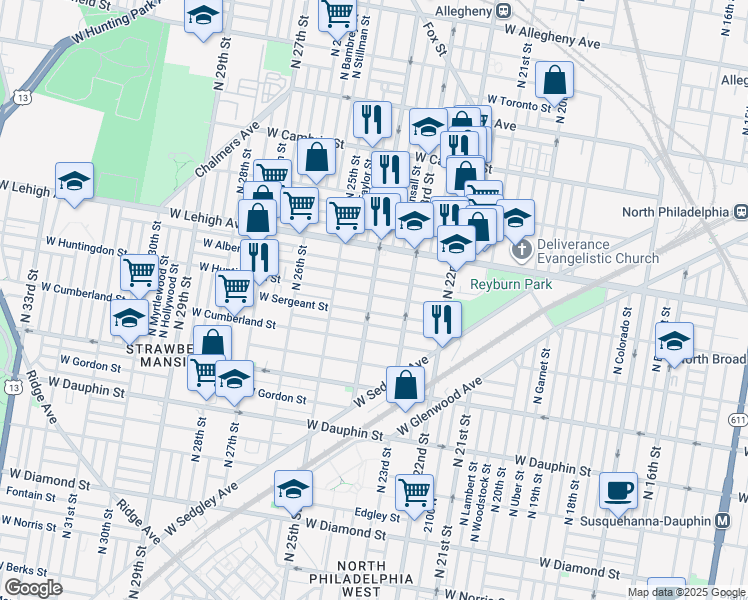 map of restaurants, bars, coffee shops, grocery stores, and more near 2344 West Huntingdon Street in Philadelphia