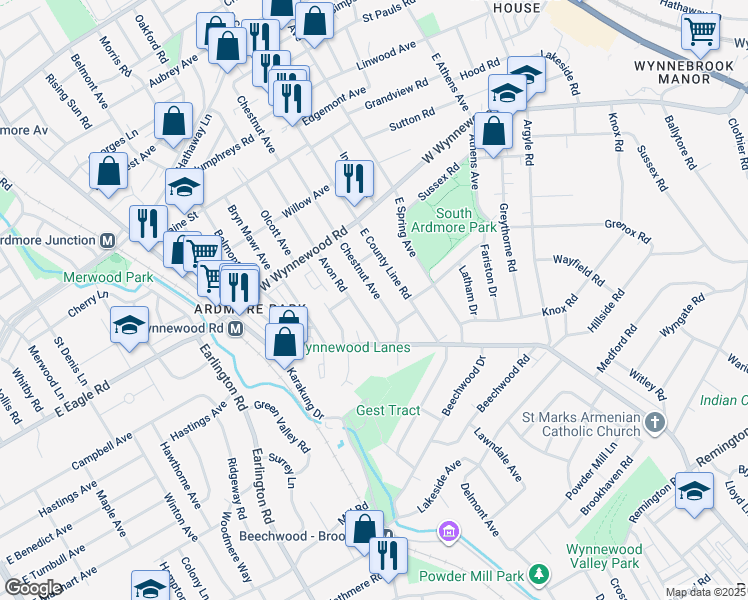 map of restaurants, bars, coffee shops, grocery stores, and more near 2130 Chestnut Avenue in Ardmore