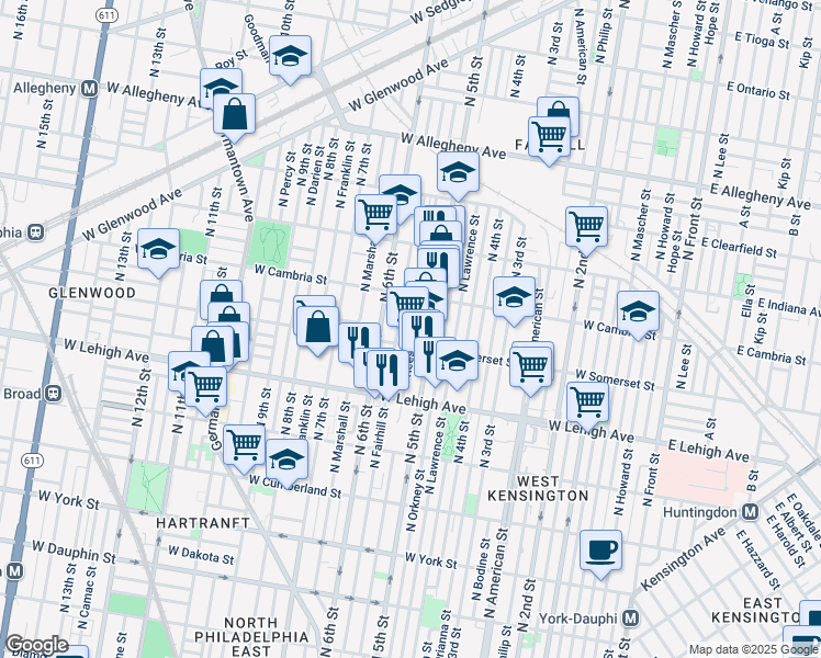 map of restaurants, bars, coffee shops, grocery stores, and more near 2822 North Reese Street in Philadelphia
