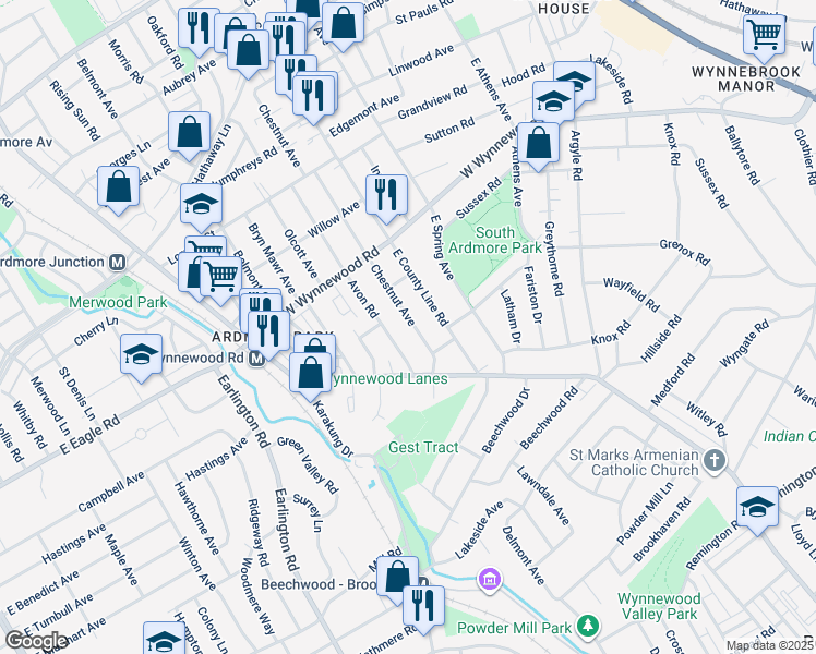 map of restaurants, bars, coffee shops, grocery stores, and more near 2130 Chestnut Avenue in Ardmore