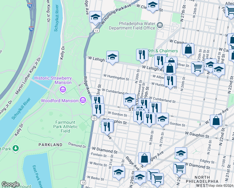 map of restaurants, bars, coffee shops, grocery stores, and more near 2464 North Napa Street in Philadelphia