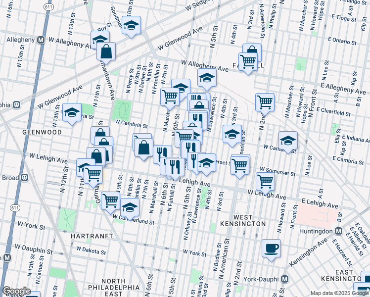 map of restaurants, bars, coffee shops, grocery stores, and more near 2822 North Reese Street in Philadelphia