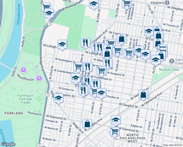 map of restaurants, bars, coffee shops, grocery stores, and more near 2516 North Dover Street in Philadelphia