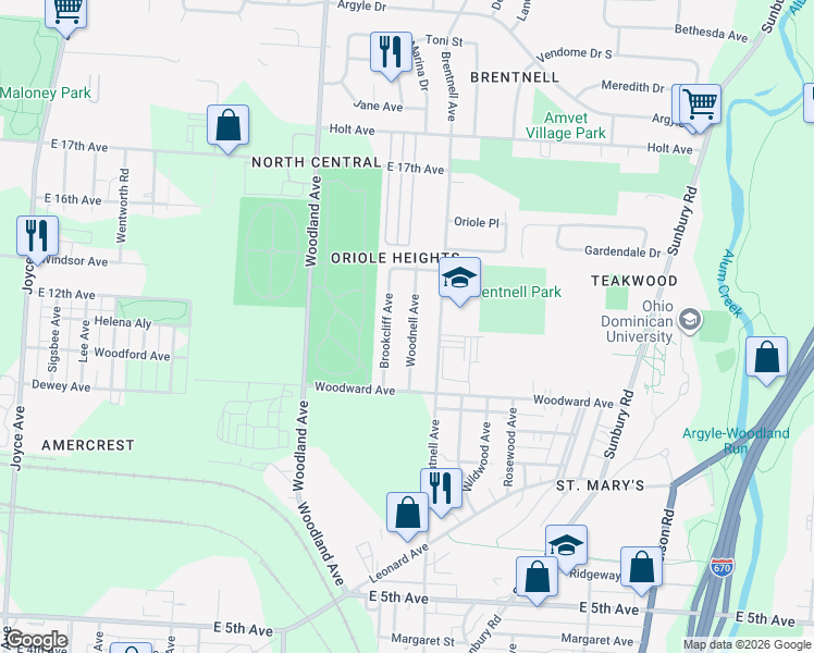 map of restaurants, bars, coffee shops, grocery stores, and more near 1300 Brookcliff Avenue in Columbus