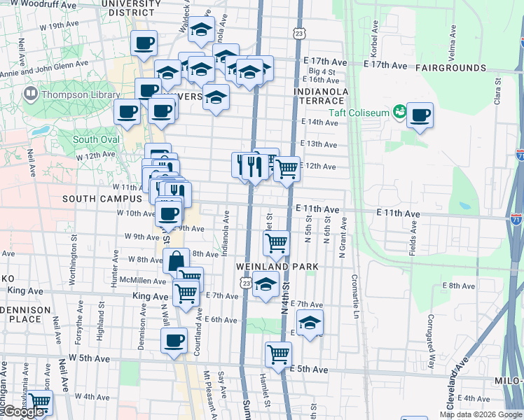 map of restaurants, bars, coffee shops, grocery stores, and more near 225 East 11th Avenue in Columbus