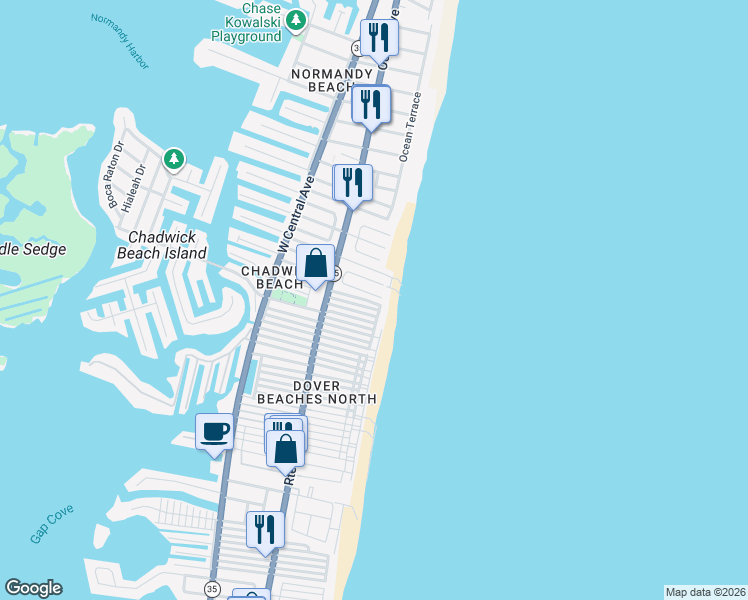 map of restaurants, bars, coffee shops, grocery stores, and more near 3476 Ocean Road in Lavallette