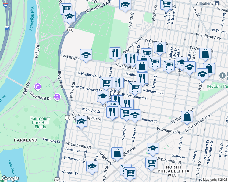 map of restaurants, bars, coffee shops, grocery stores, and more near 2508 North Hollywood Street in Philadelphia