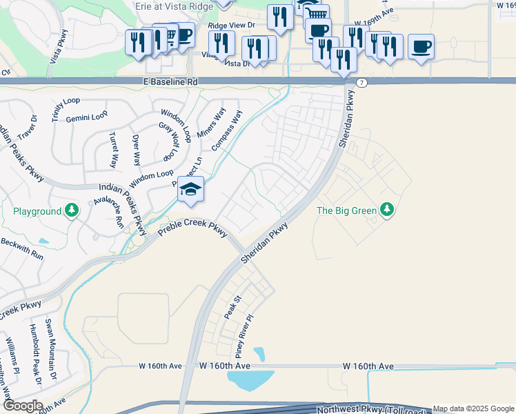 map of restaurants, bars, coffee shops, grocery stores, and more near 2337 West 165th Lane in Broomfield