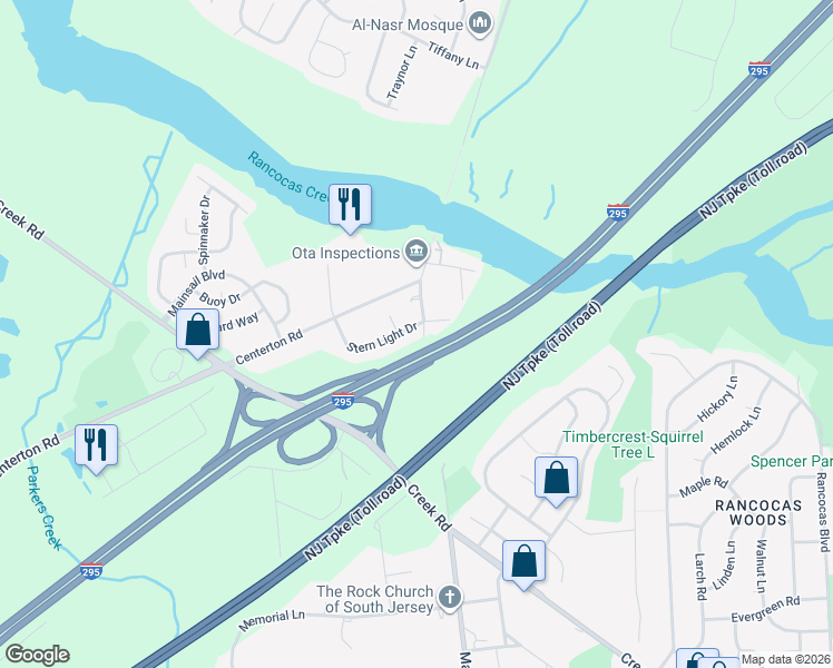 map of restaurants, bars, coffee shops, grocery stores, and more near 16 Stern Light Drive in Mount Laurel Township