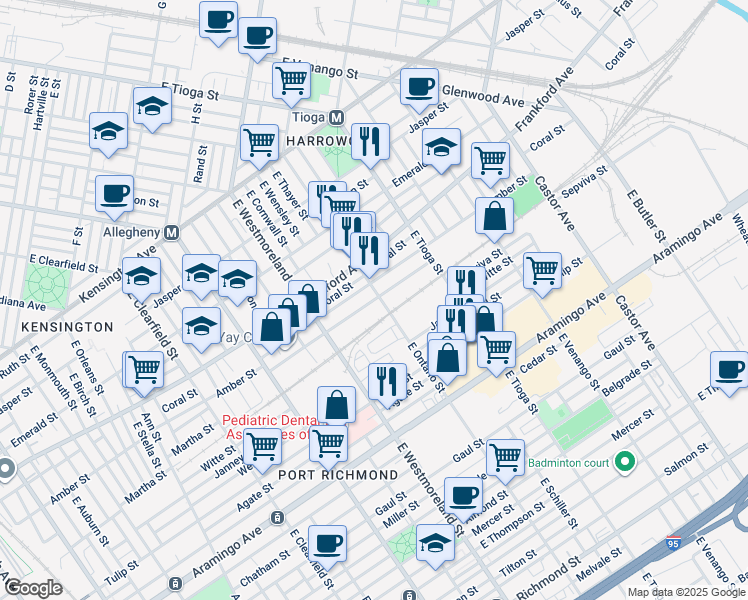 map of restaurants, bars, coffee shops, grocery stores, and more near 2110 East Ontario Street in Philadelphia
